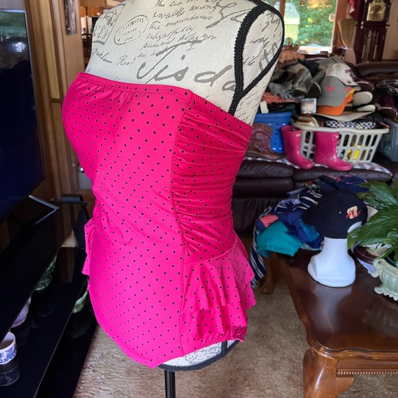 Jantzen One Piece Swimsuit Bathing Suit Strapless Ruffle Hot Pink Polka Dot 14. - Picture 5 of 16